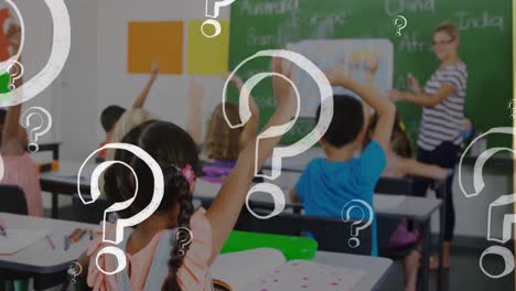 animación de signos de interrogación sobre diversos escolares levantando las manos