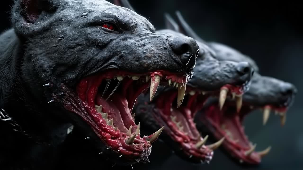 A close up of two black dogs with red eyes and fangs