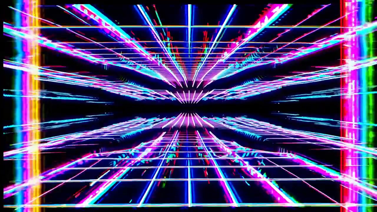 Sfondo retro-futuristico con tunnel a griglia neon in loop continuo