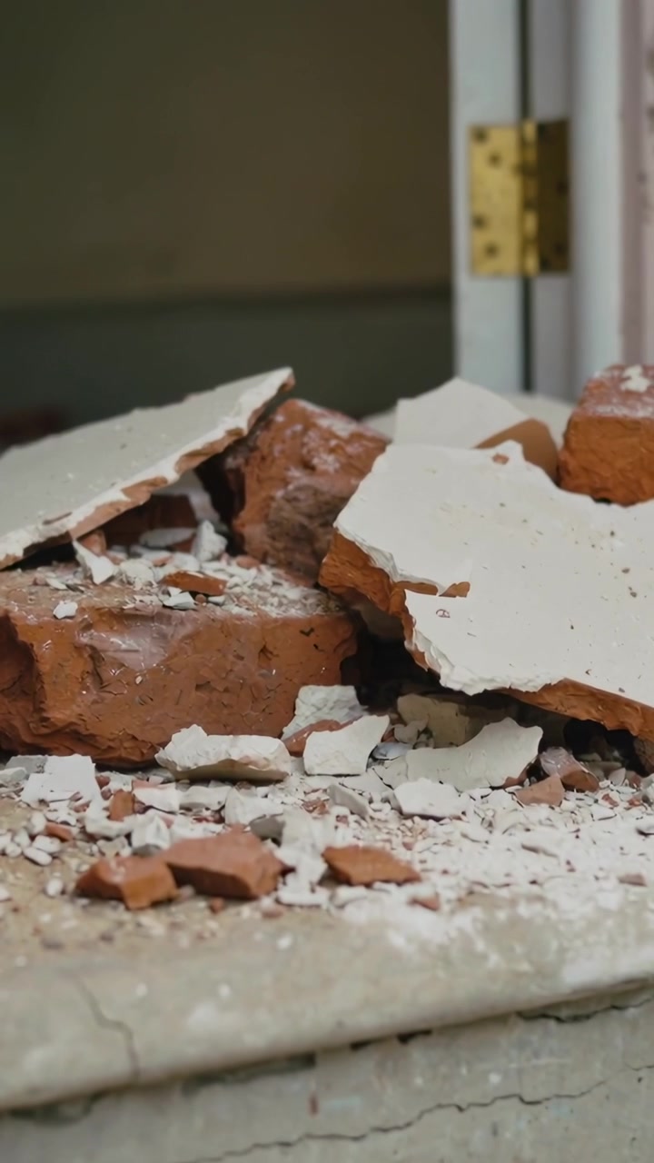 Vertical video: Shifting camera capturing broken red bricks and white plaster on sill for repair