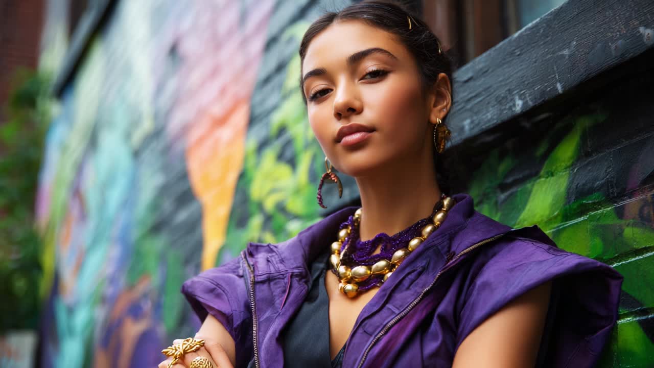 Retrato de uma mulher elegante com joias em frente a uma parede urbana colorida