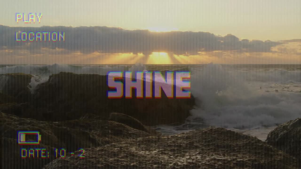 Animation of shine text on video camera screen with digital interface filming landscape