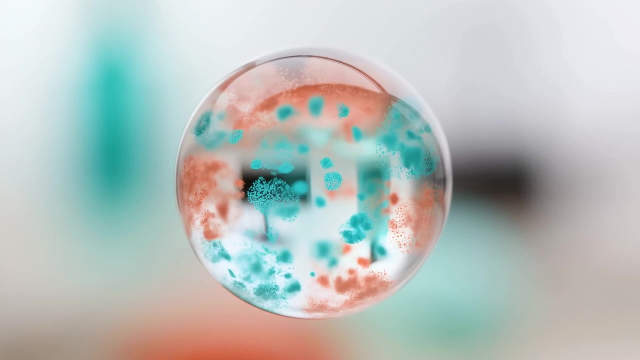Un objeto esférico con un fondo degradado; la esfera parece estar girando. El fondo presenta un degradado que transiciona de claro, con acentos azul claro y blanco.