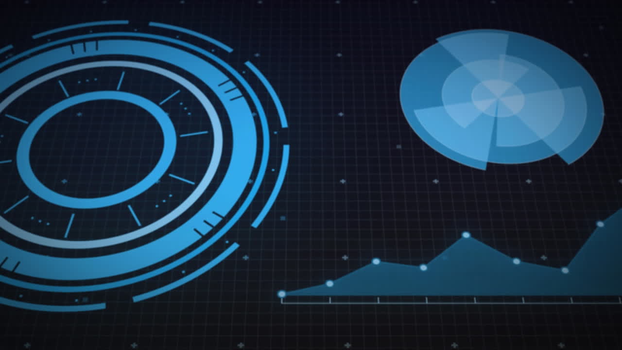 Animation of interface with round scanner and statistical data processing against black background