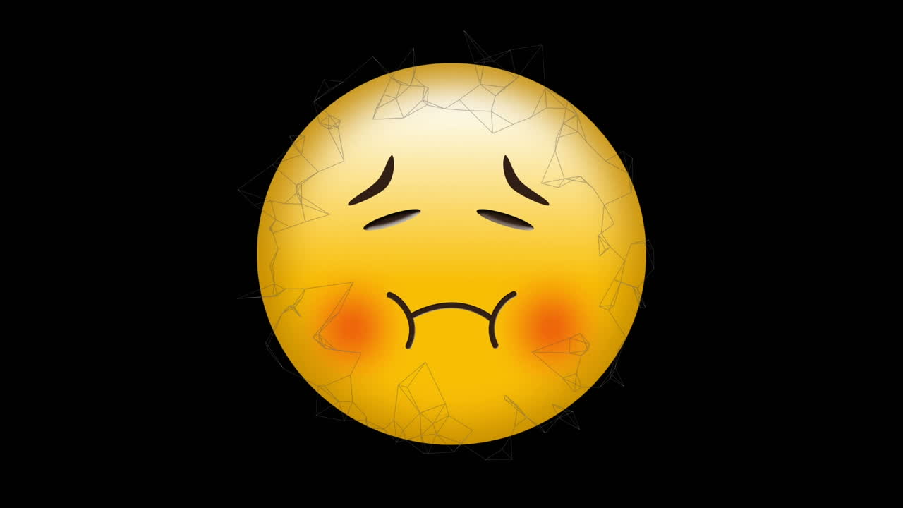 검은색 배경에 아픈 얼굴 이모지 위에 회전하는 추상적인 기하학적 모양의 디지털 애니메이션
