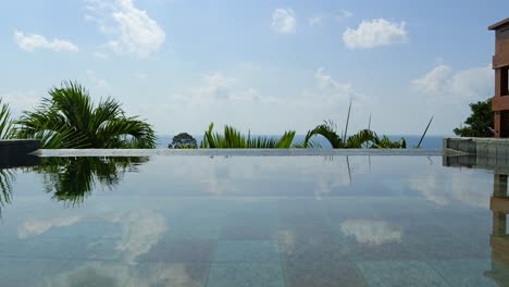 hermosos reflejos en la piscina con palmeras y cielo nublado