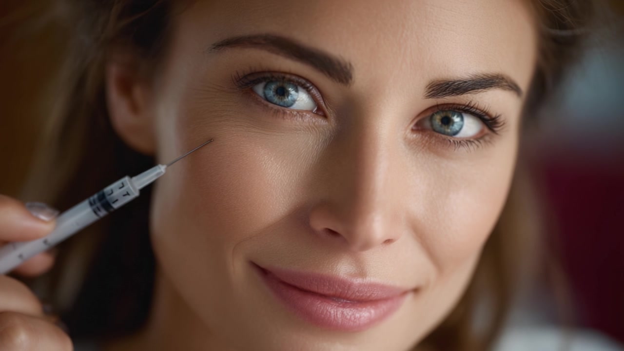 Un ritratto ravvicinato di una donna composta che si prepara per un trattamento cosmetico, mostrando bellezza e sicurezza con una siringa in mano, enfatizzando la cura di sé e l'estetica.