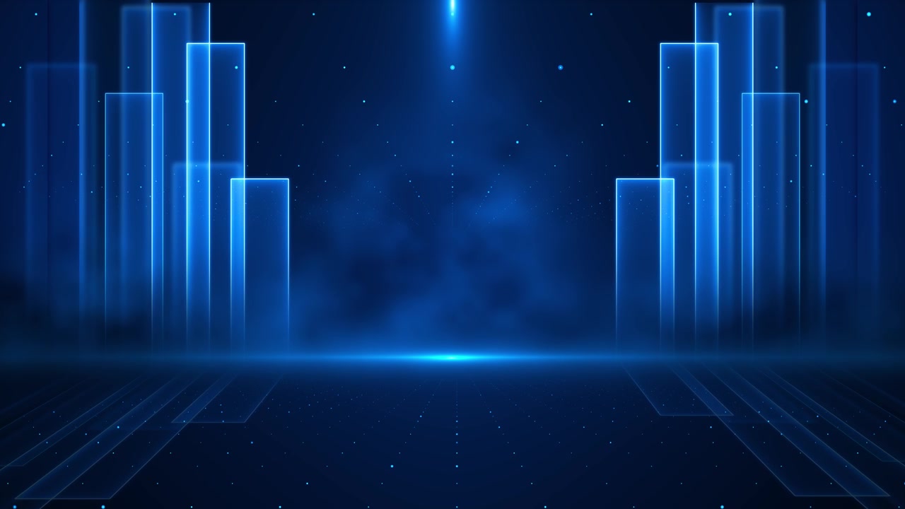 3d glowing blue panels rise along dark digital stage particles circuit flooring copy space