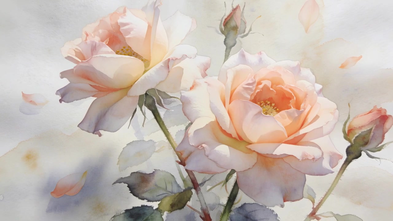 La fotocamera che ingrandisce rivela due rose rosa pesca su carta testurizzata, con boccioli, sfumature chiare per i dettagli