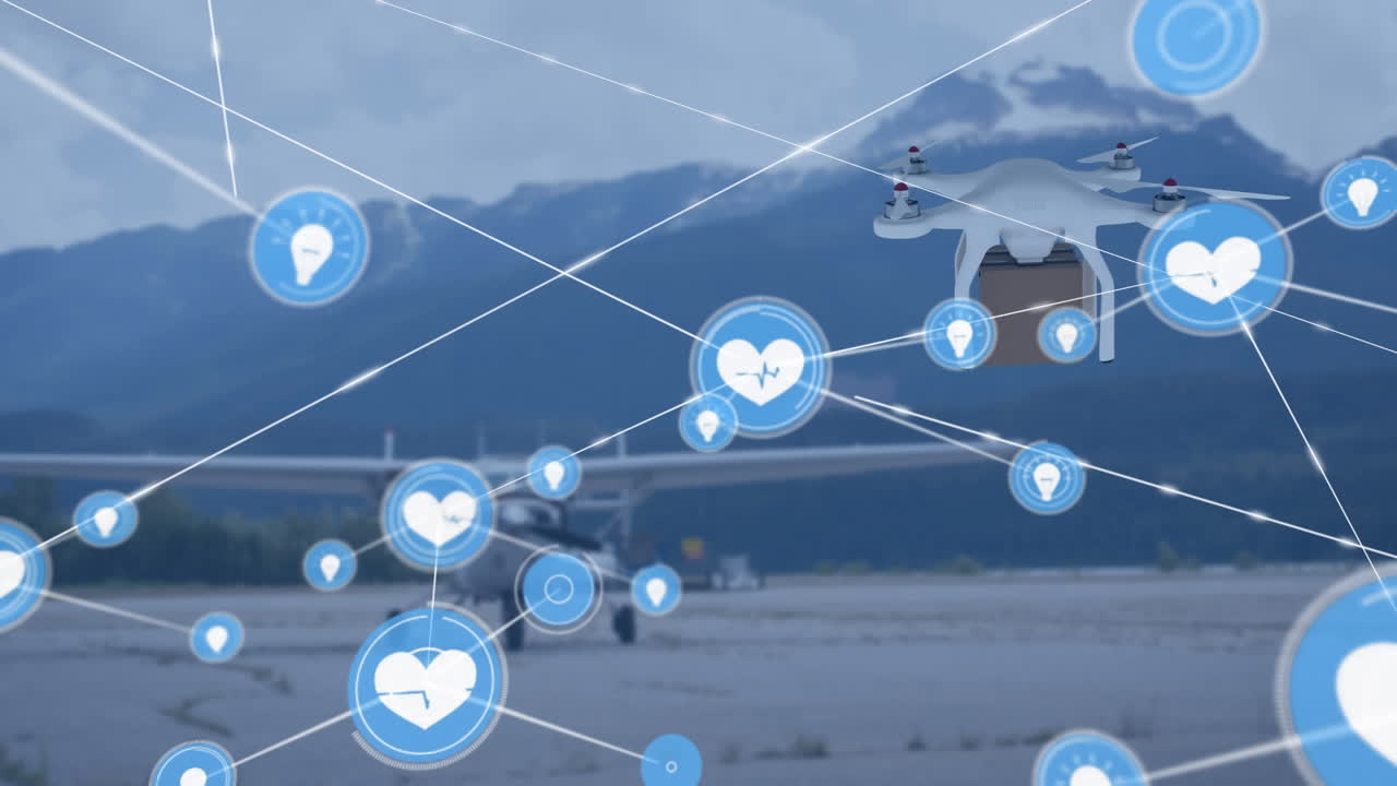 패키지를 운반하는 드론을 통해 아이콘으로 연결된 네트워크의 애니메이션