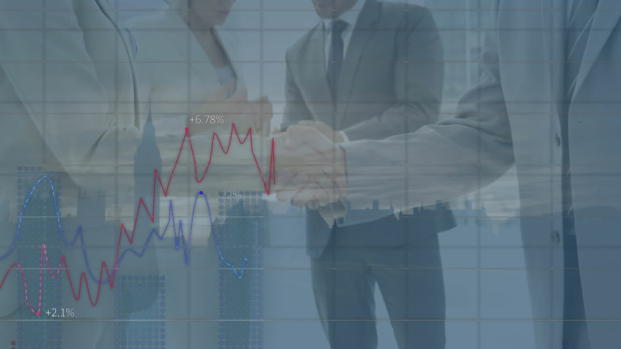 animación de líneas, estadísticas y procesamiento de datos sobre el paisaje urbano y la gente de negocios.