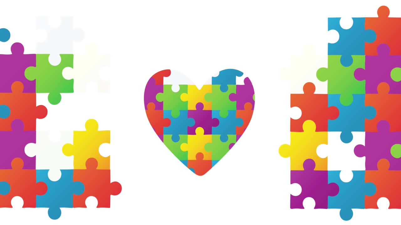 animación de autismo piezas de rompecabezas coloridas que forman un corazón sobre un fondo blanco