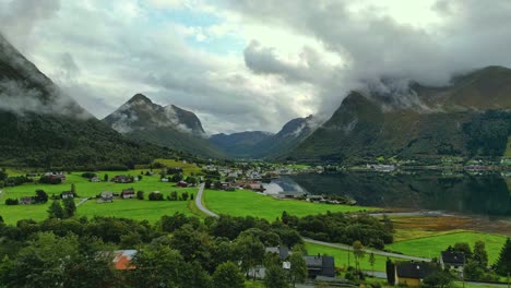 Aerial-over-Syvde-on-a-cloudy-day,-Vanylven-Municipality,-Norway