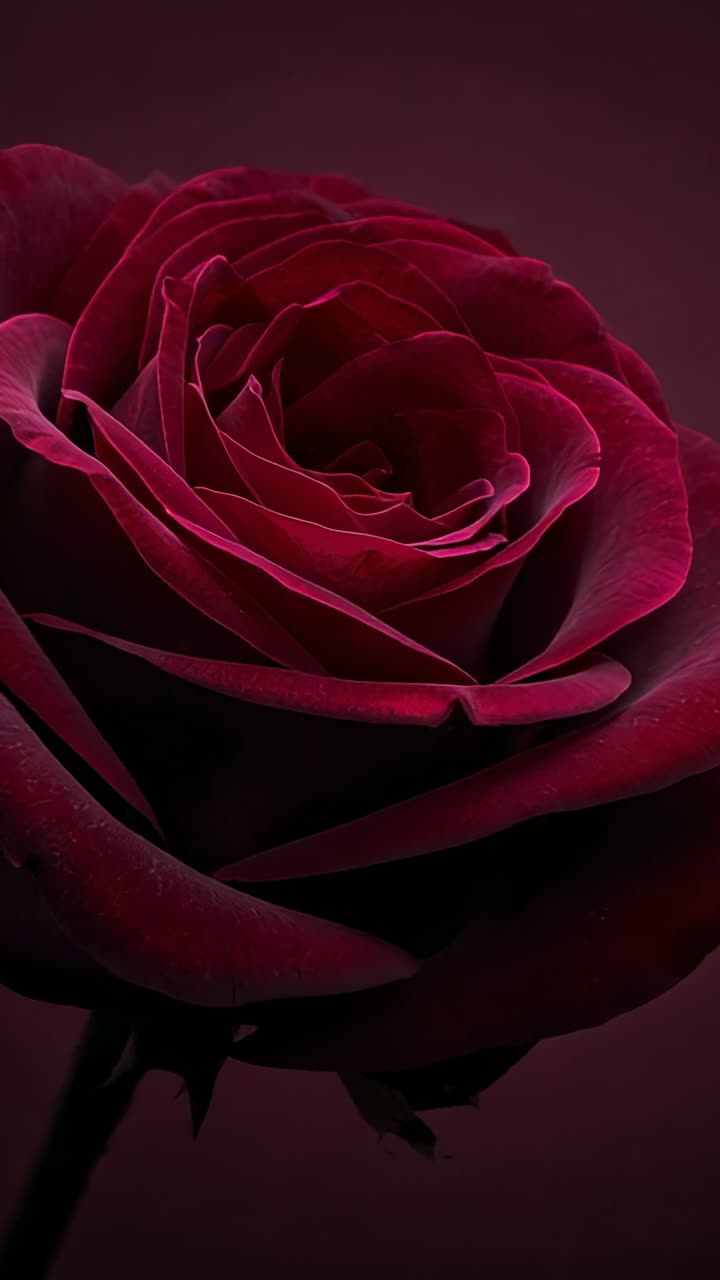 Video verticale: movimento della camera che mostra una rosa rosso scuro su uno sfondo bordeaux, rivelando la spirale centrale