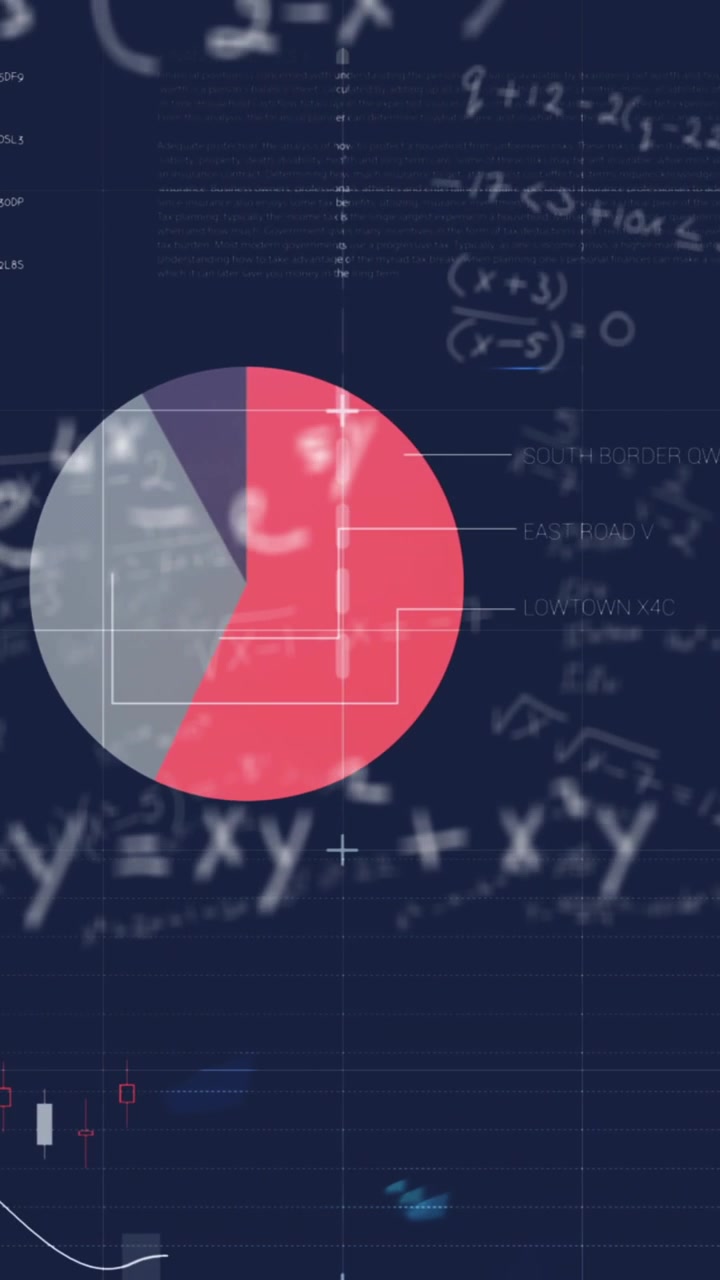 Animation of statistical data processing and mathematical equations against blue background