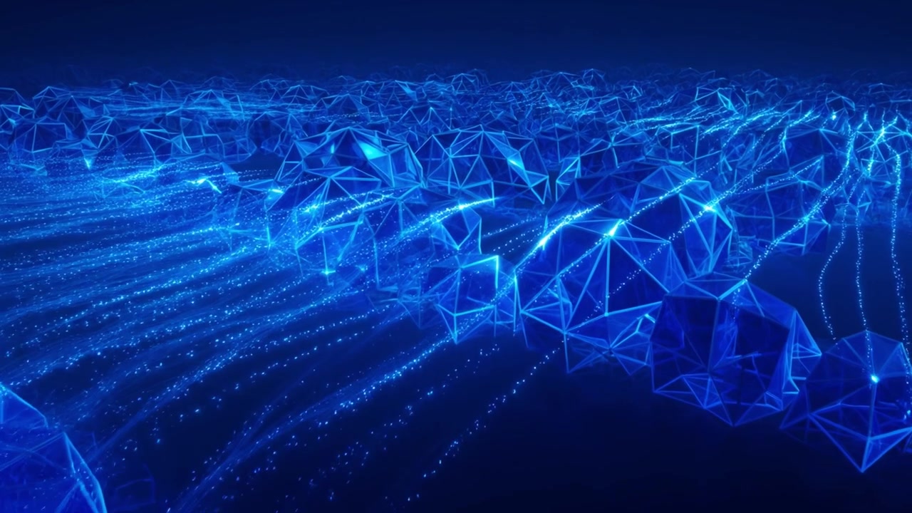 Abstract Blue Geometric Network with Glowing Data Flow