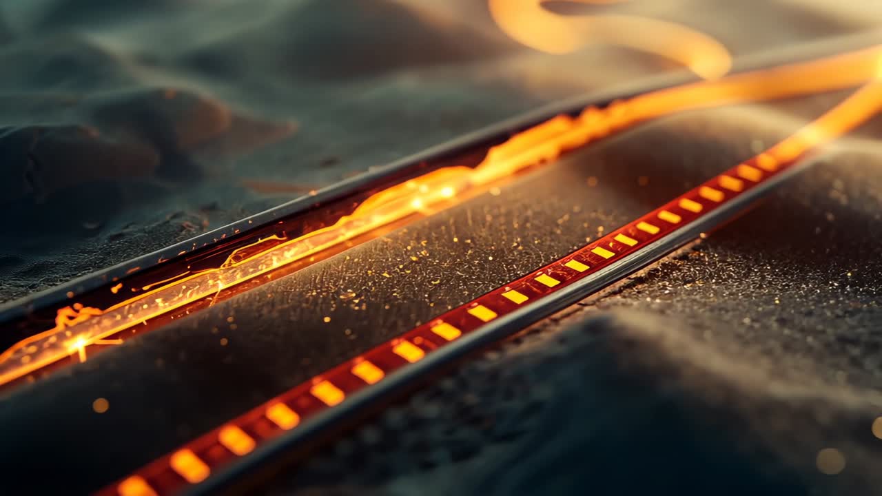 Moving glowing filament through sand groove while modules pulsing light, forming spark trail