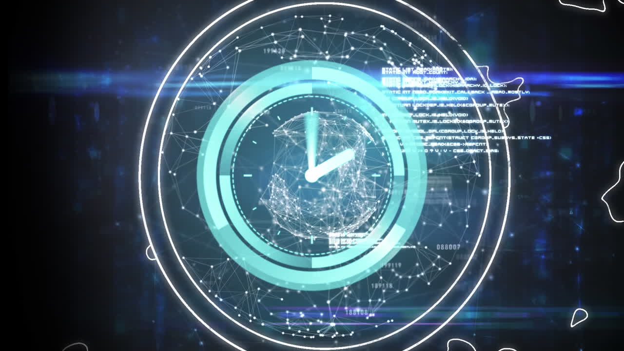 Animation einer Uhr über Datenverarbeitung und einem vernetzten Globus.
