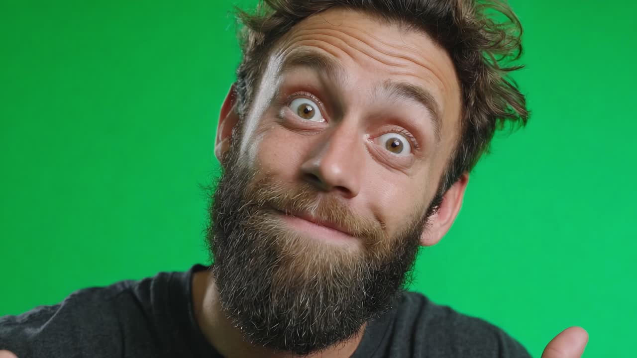 Joyful Expression: A Man with a Beard Shows Enthusiasm Against a Vibrant Green Background in a Captivating Video Sequence