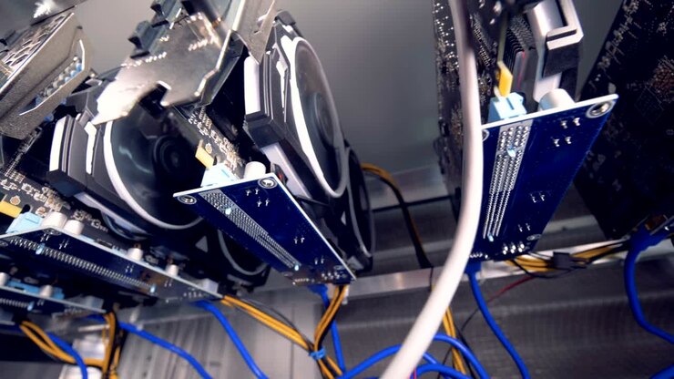 Underside view of a row of videocards mining bitcoin