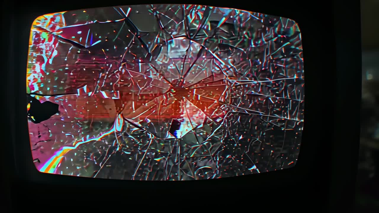 Emerging pink glow behind shattered CRT screen showing internals and glitch artifacts in dim room