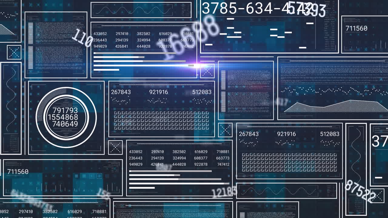 Animation of interfaces with data processing and changing numbers against blue background