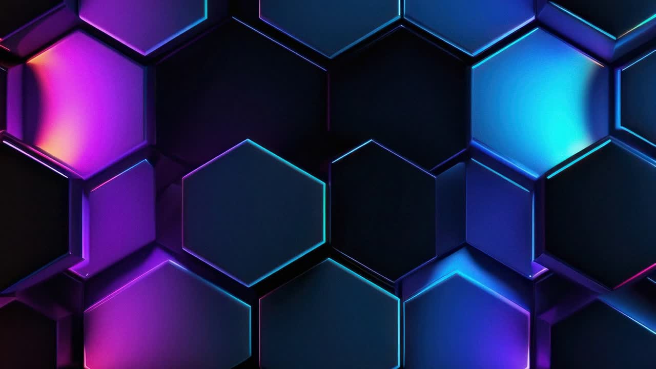 Futuristic video concept with neon hexagonal patterns. Top-down camera angle highlights the vibrant