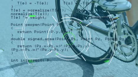 animación del procesamiento de datos sobre un hombre caucásico montando una bicicleta de carreras en la carretera