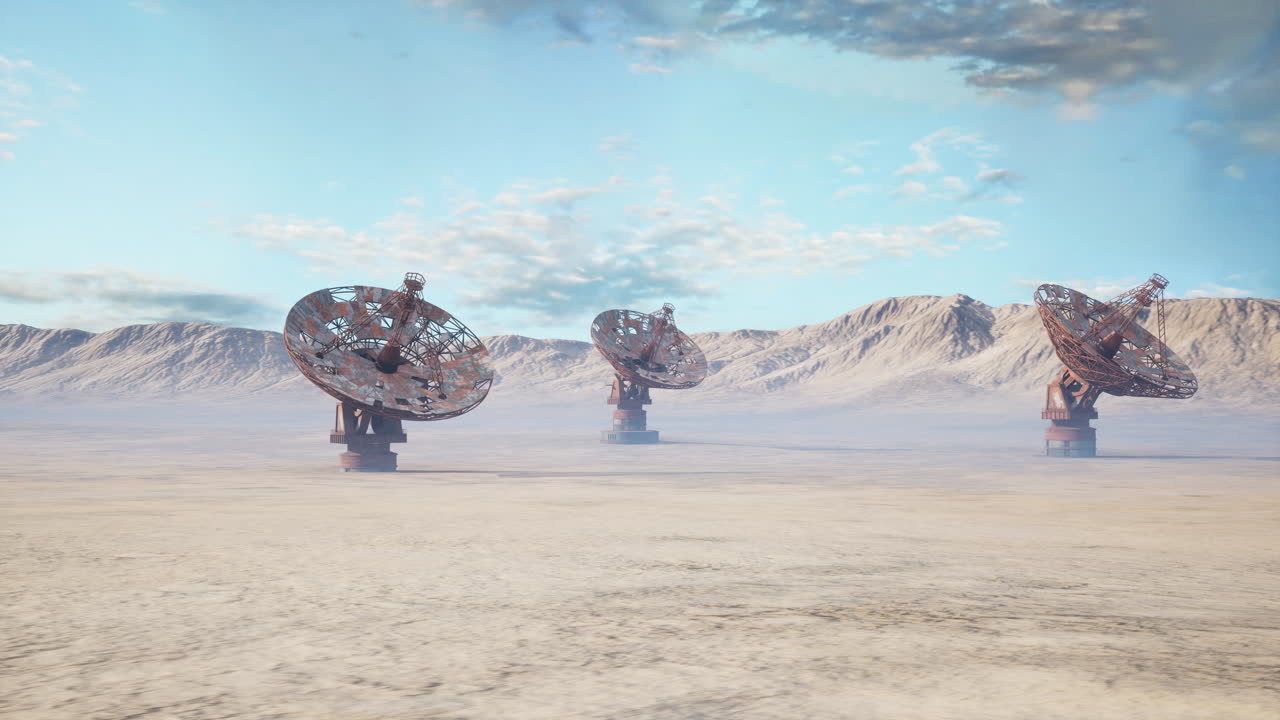 Sculture di metallo si muovono attraverso aree sabbiose desolate sotto un cielo vasto.
