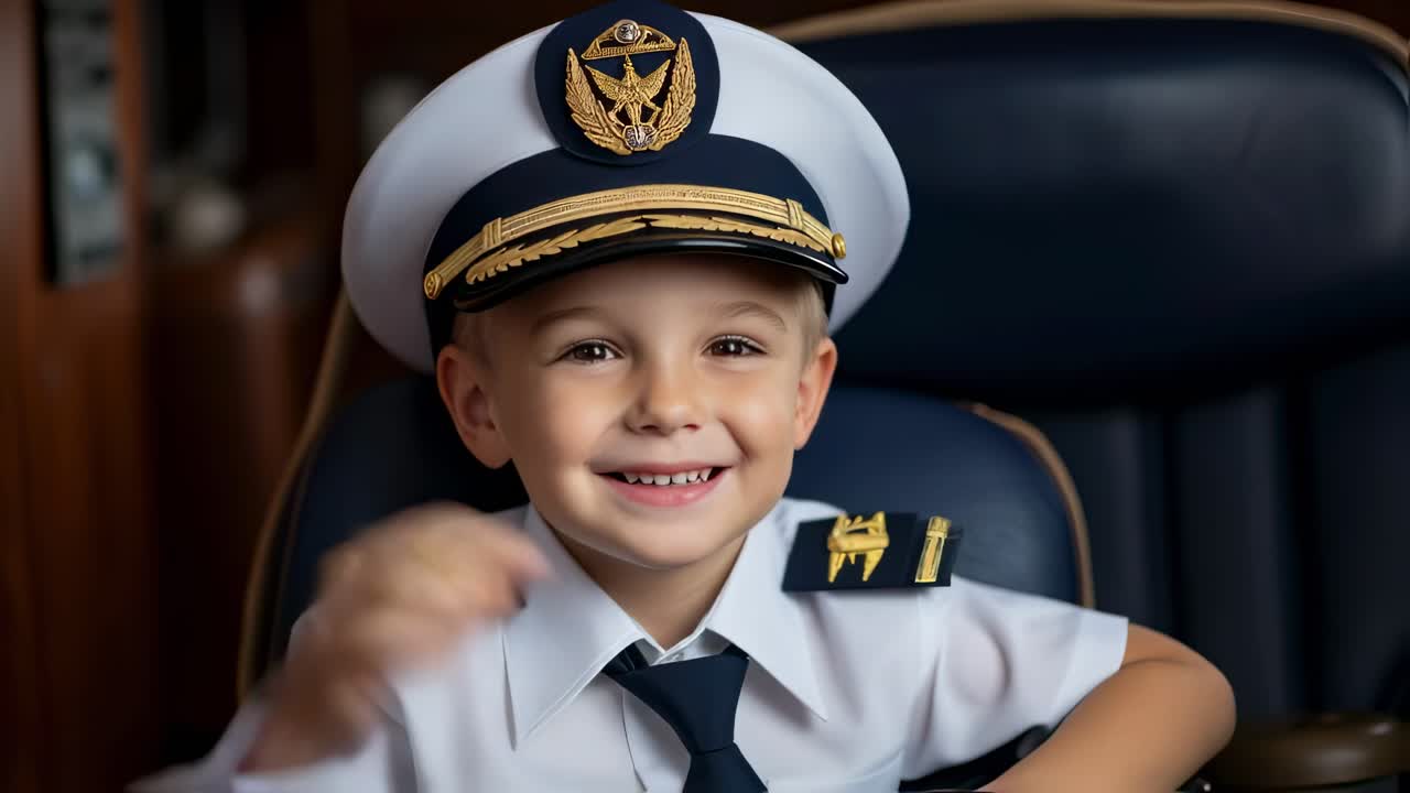 Cheerful little boy wearing captain costume smiling while sitting in office chair playing the role of airplane pilot in his future dream job