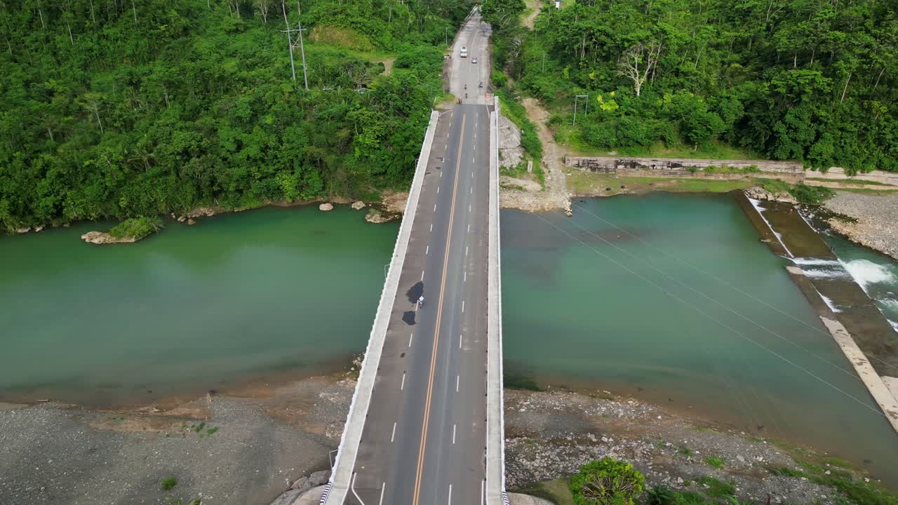 Traffic Over Marcos Bridge In Sto. Domingo, Virac, Catanduanes, Philippines. Aerial Drone Shot