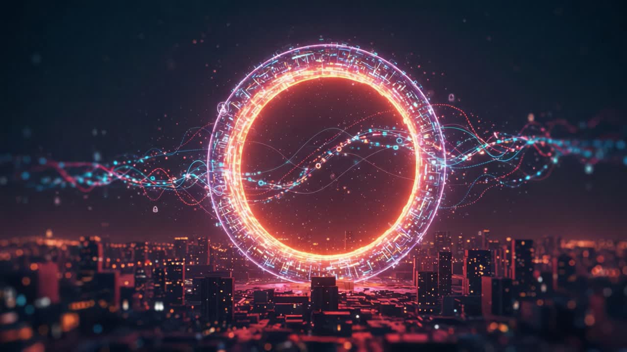 A Spectacular Visualization of a Futuristic Digital Landscape Featuring a Glowing Circular Structure with Vibrant Energy Waves Over a City Skyline at Night