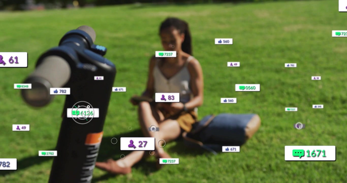 Woman tapping tablet creating social media metrics and cursor, lens shifting focus from handlebar