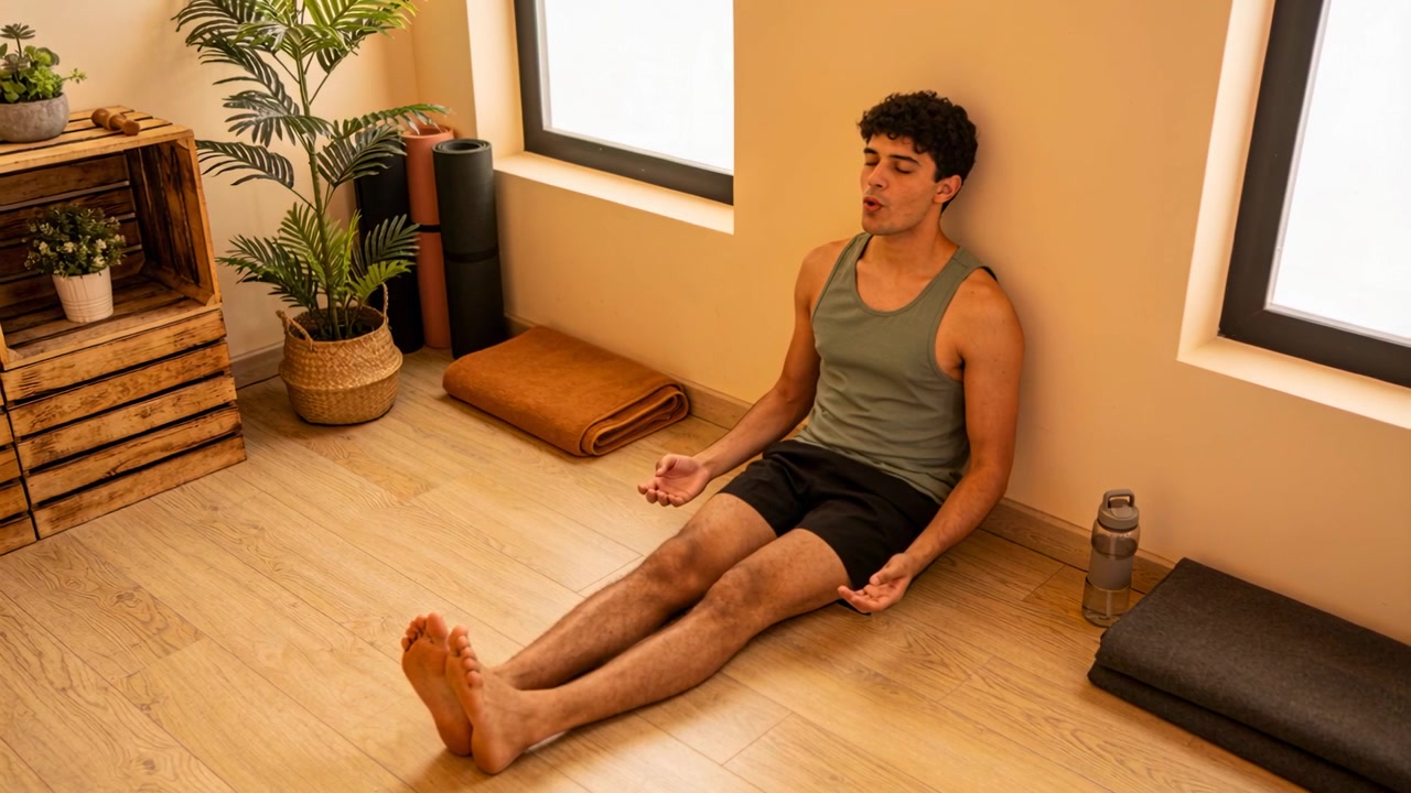 Breathing man wearing tank top and shorts sitting at home yoga corner, session starting, mat nearby