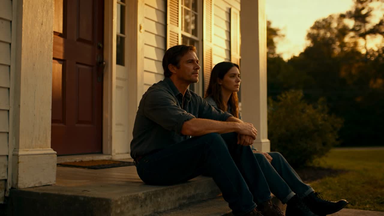 Coppia seduta che guarda il tramonto su una casa, sui gradini del portico, in jeans e stivali, con arbusti