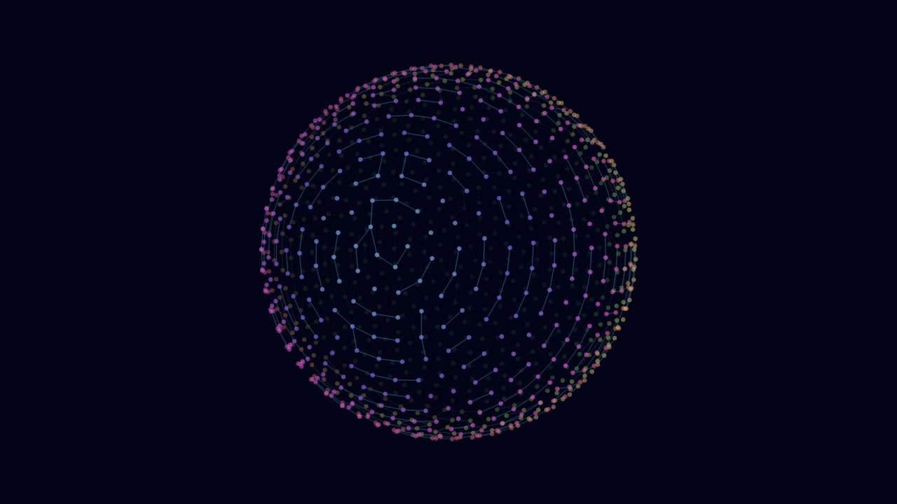 A grayscale 3D sphere comprised of multicolored dots arranged in a circular pattern. The dots create an illusion of depth, forming the sphere's structure