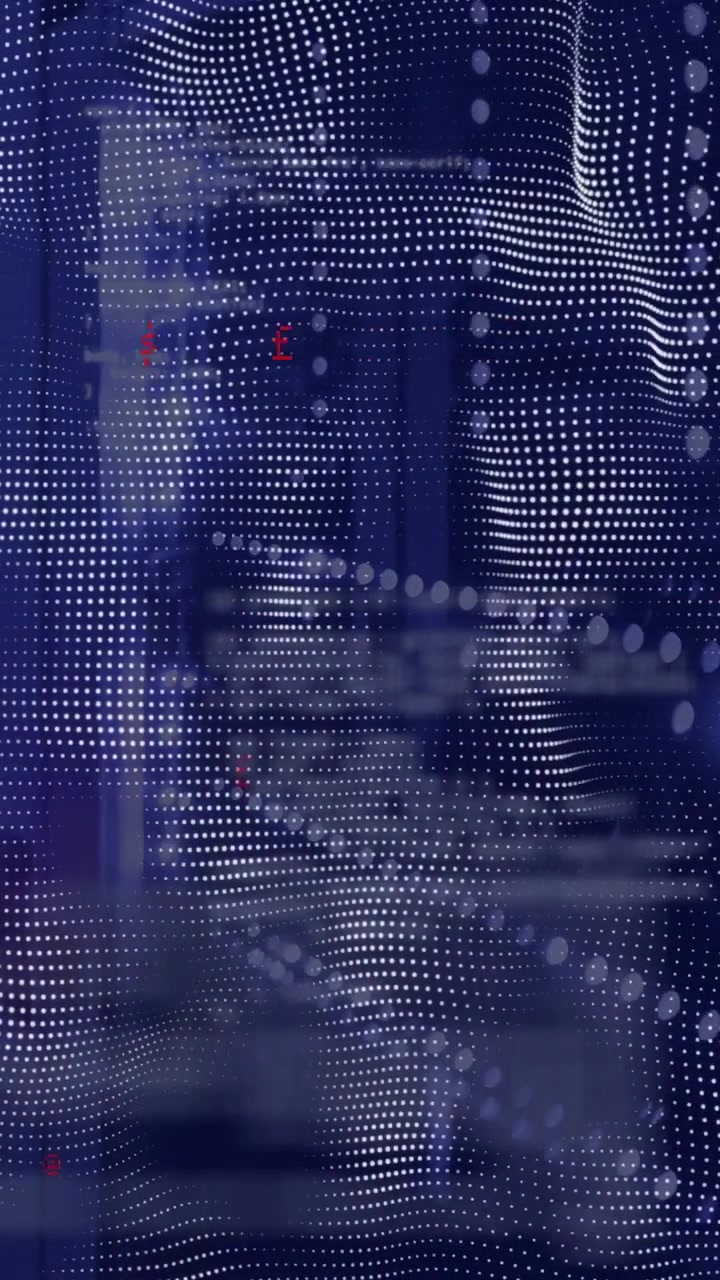 Vertical video: Dot-matrix female face rippling on LED grid reading tech data, flashing red pixels