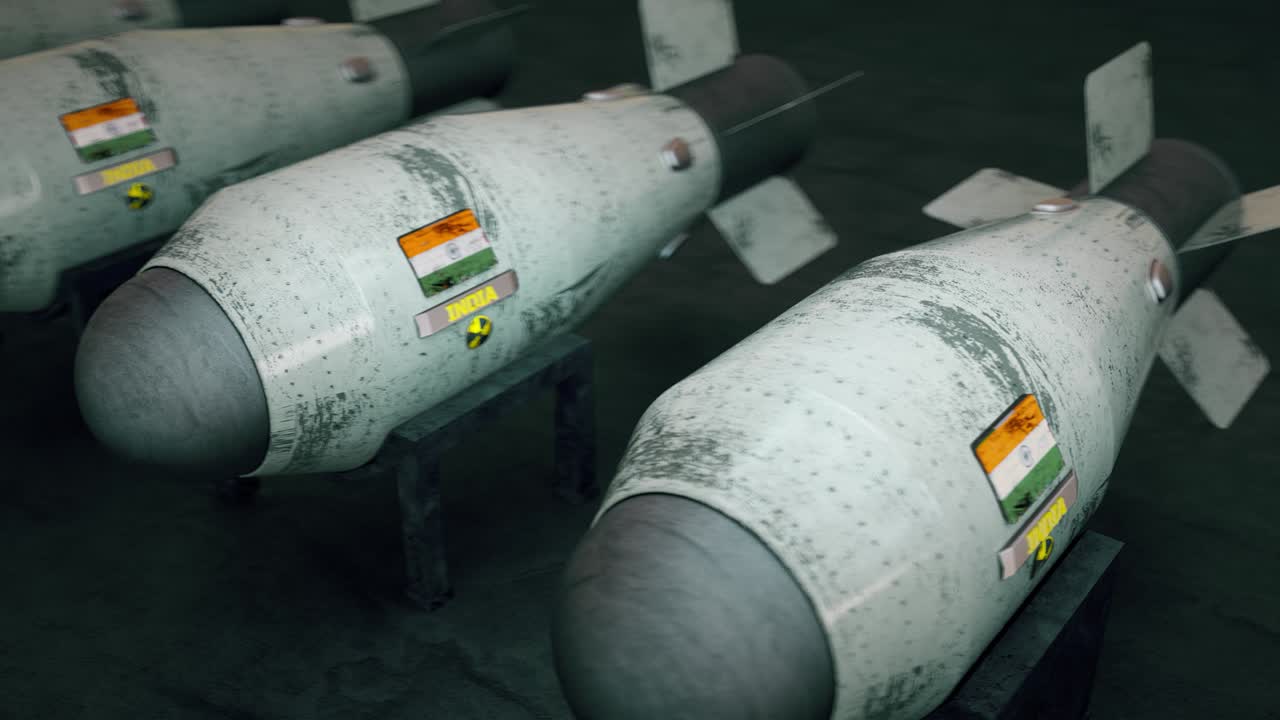 loopable: animación en 3d de las armas nucleares de la india, cabezas nucleares, cohetes, video de stock de alto detalle en 4k.