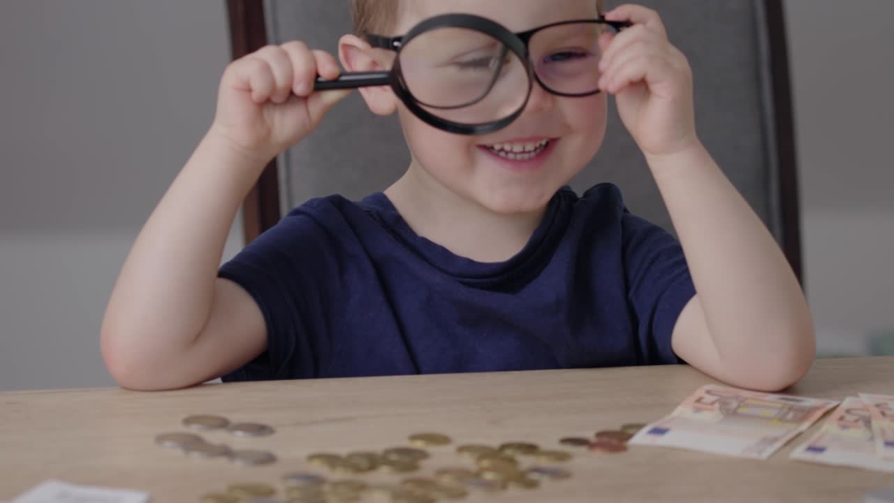 bebé caucásico con gafas jugando con euros, monedas, billetes y lupa