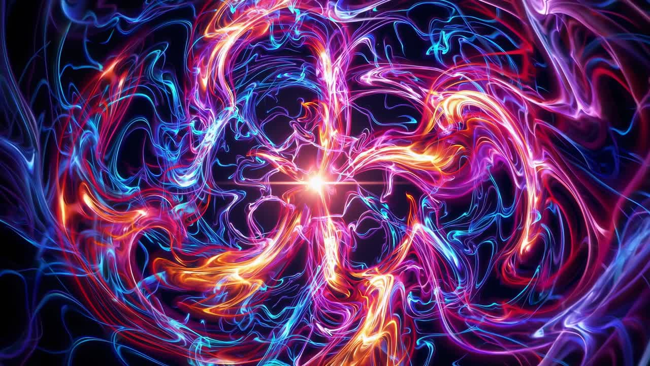 Dynamic swirling energy pattern with vibrant blue, purple, and orange hues radiating light, creating a mesmerizing visual flow in a captivating motion sequence