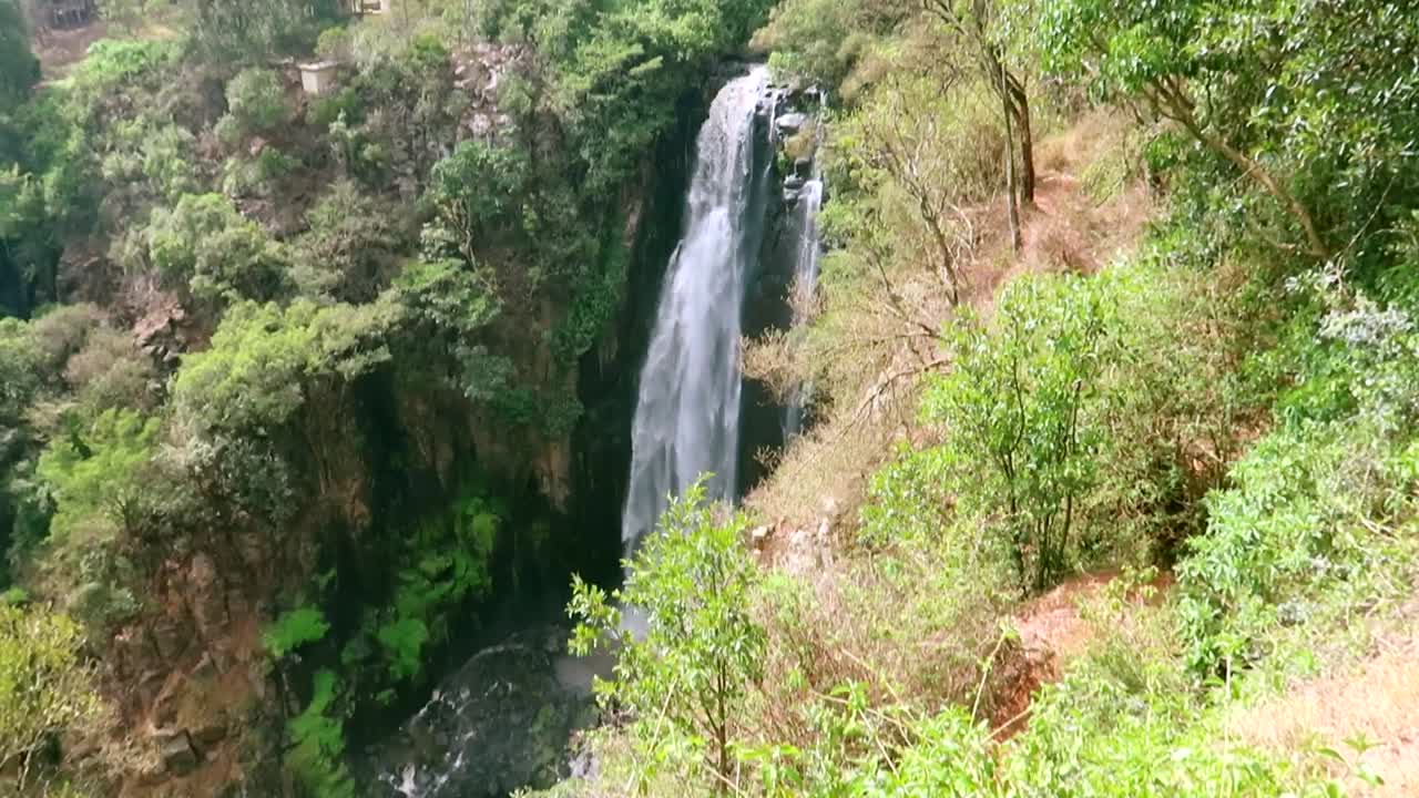 panorámica hacia abajo en una enorme cascada espectacular en la jungla, bosque exuberante ejemplo de energía renovable