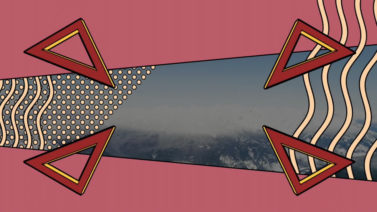 Animation of geometric shapes and patterns framing snowy mountain landscape design
