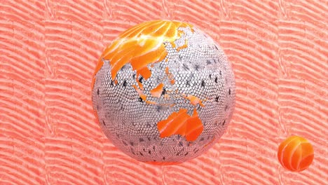 salmon or trout healthy fresh orange appetizing raw fillet 3d render animated abstract background, rotating earth planet and world globe concept 4k seamless looping animation