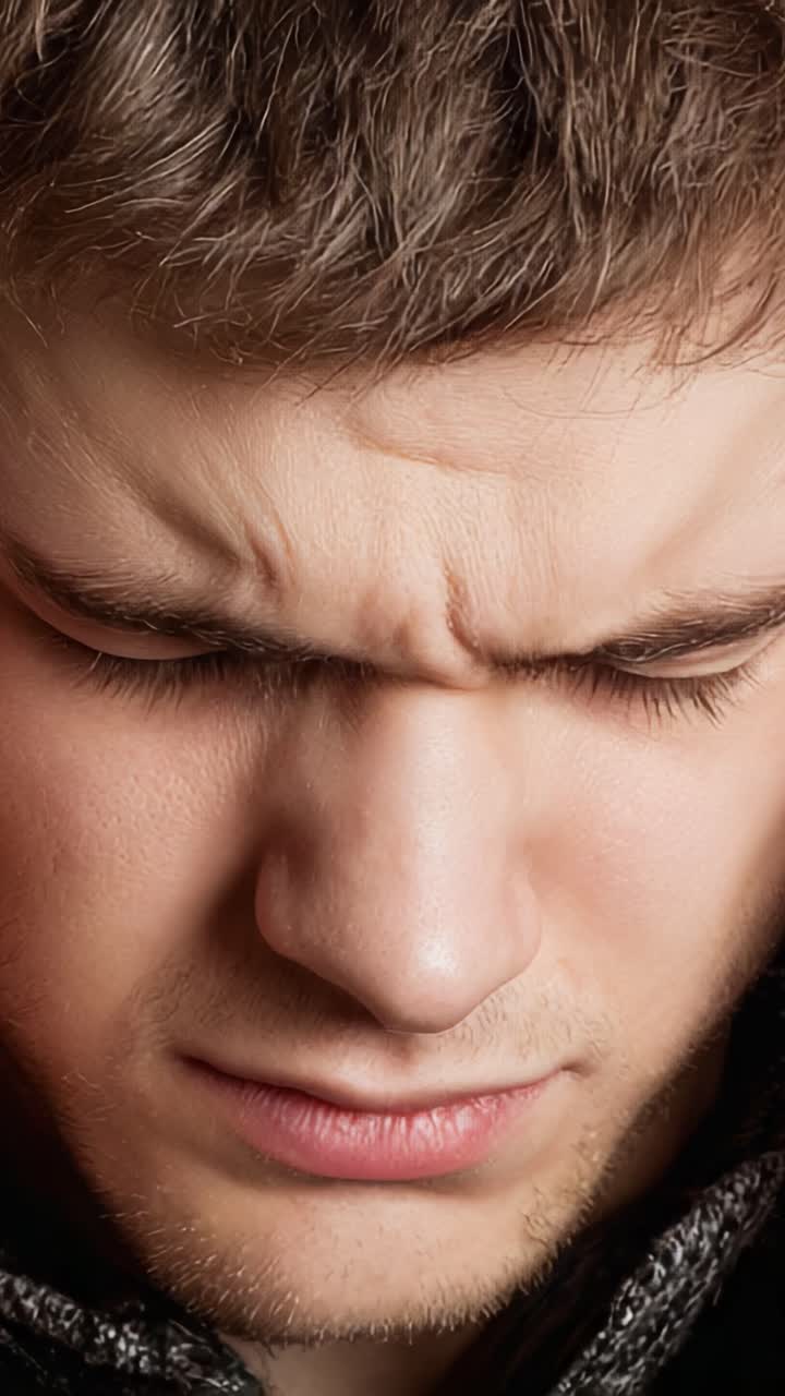 A Close-Up Emotional Study of a Young Man's Facial Expressions Revealing Deep Concentration and Inner Thoughts During a Reflective Moment