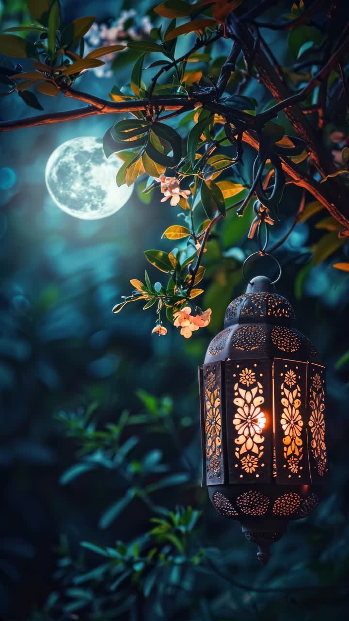 A lantern hangs from a tree branch under a full moon, creating a mystical night scene