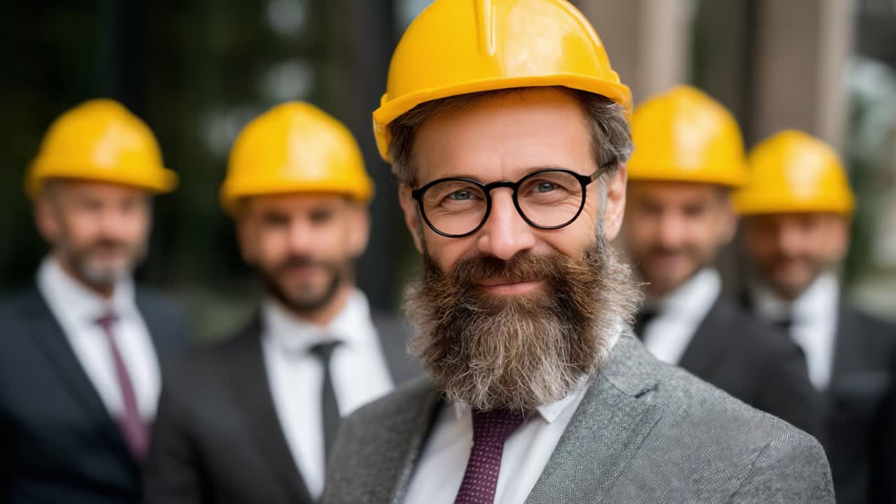 A group of construction professionals in suits and yellow hard hats, showcasing leadership and teamwork in a project-oriented environment