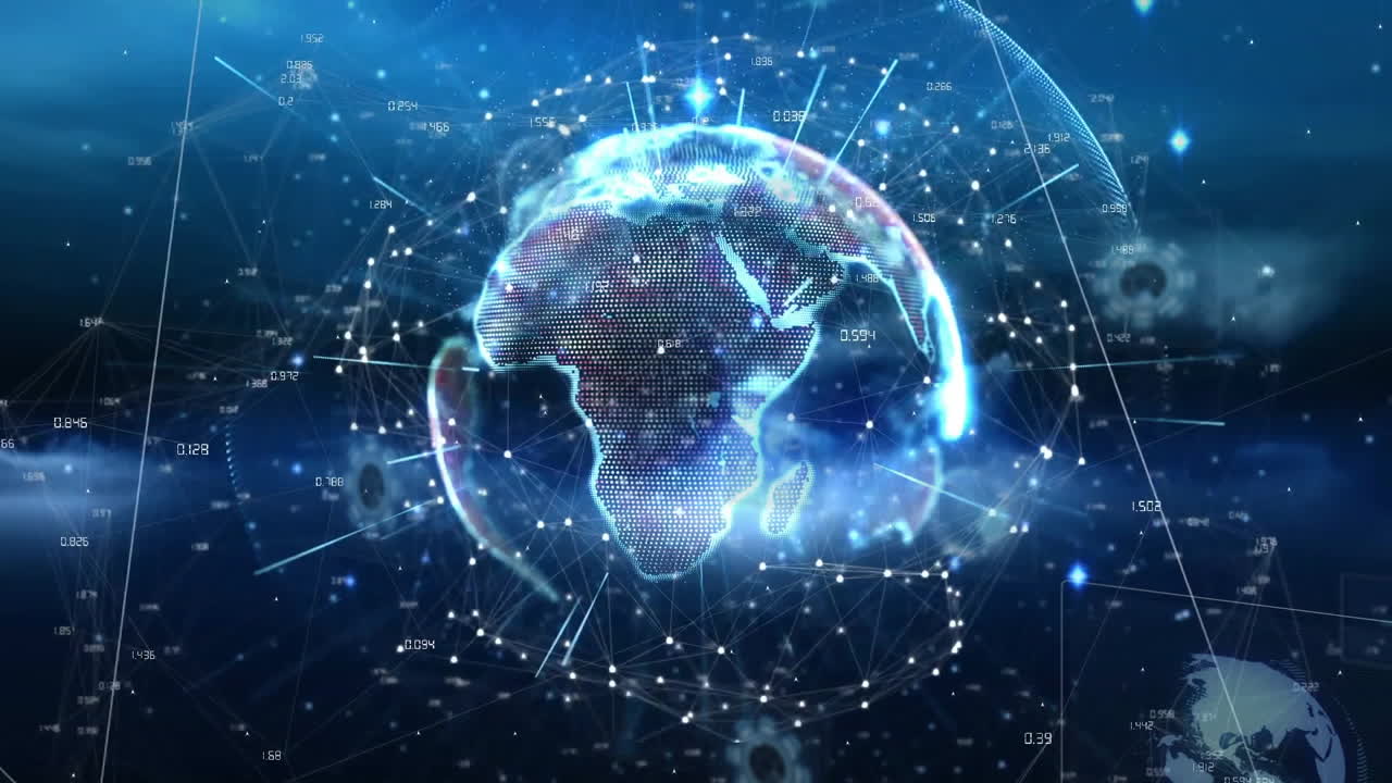 Animation of shapes moving and globe over data processing