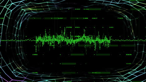 Animation-of-data-processing-and-diagrams-over-black-background