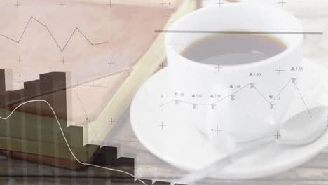 white ceramic coffee cup sitting on wooden table, displaying overlaid semi-transparent data charts