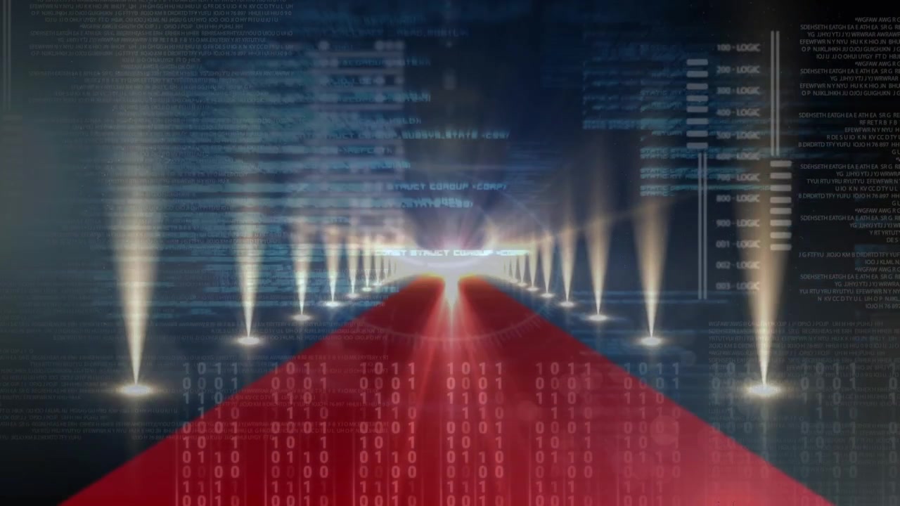 Animation of red carpet and lights over data processing on black background